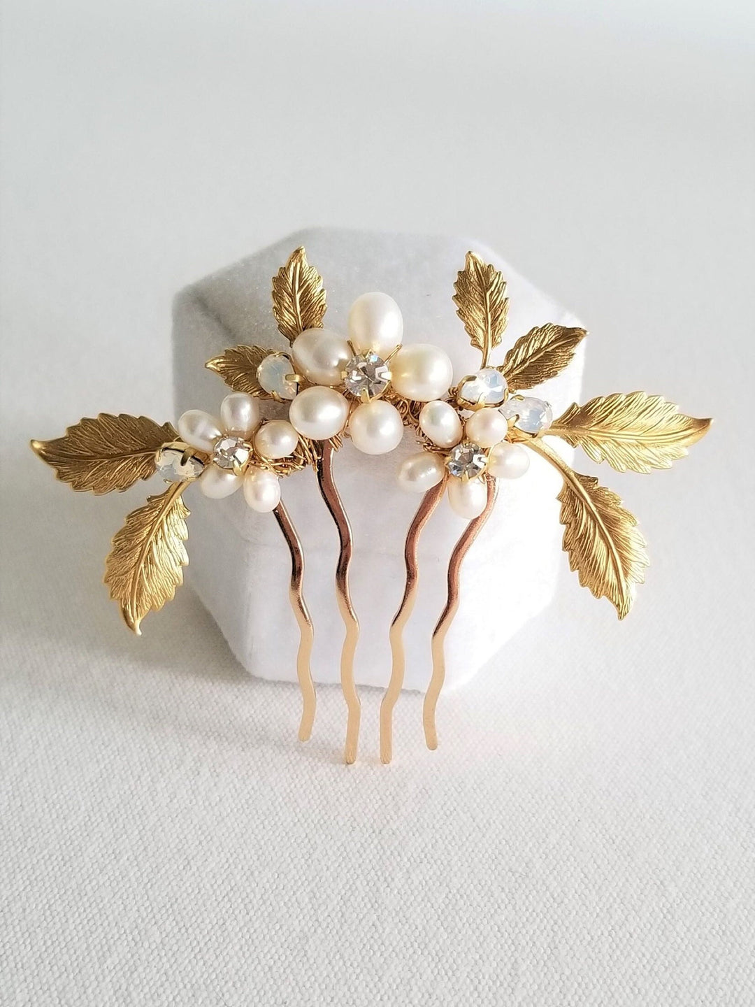 Gold Wedding Hair Comb Earring Set, Small Gold Floral Wedding Hair Comb, Boho Gold Leaf Pearl Bridal Earrings - wire, metal comb, freshwater pearls, brass leaves, white opal crystals