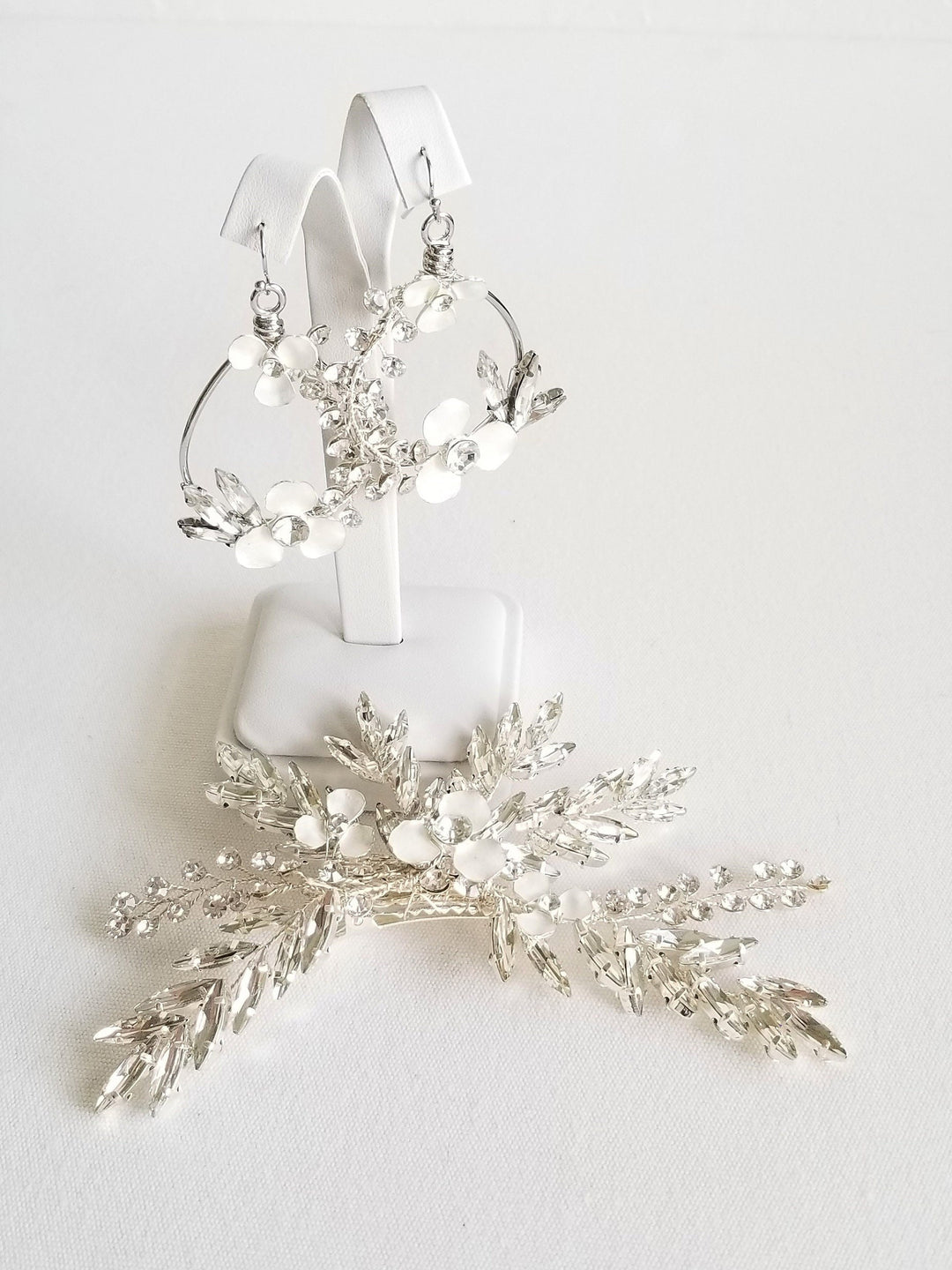 Wedding Earring Hair Clip Set, Floral Crystal Crystal hair Clip and Matching Earring Set, Floral Hoop Wedding Earrings - alligator clip, wire, rhinestones, metal flowers, ear hooks