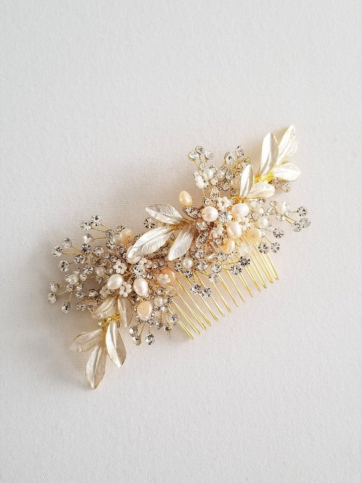 Gold Bridal Hair Comb with Crystals and Pearls, Silver Floral Wedding Hair Comb, Freshwater Pearl Crystal Hair Comb - metal comb, wire, clear crystals, freshwater pearls, seed beads, metal leaves