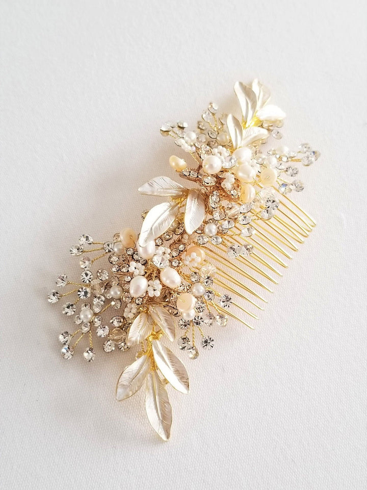 Gold Bridal Hair Comb with Crystals and Pearls, Silver Floral Wedding Hair Comb, Freshwater Pearl Crystal Hair Comb - metal comb, wire, clear crystals, freshwater pearls, seed beads, metal leaves