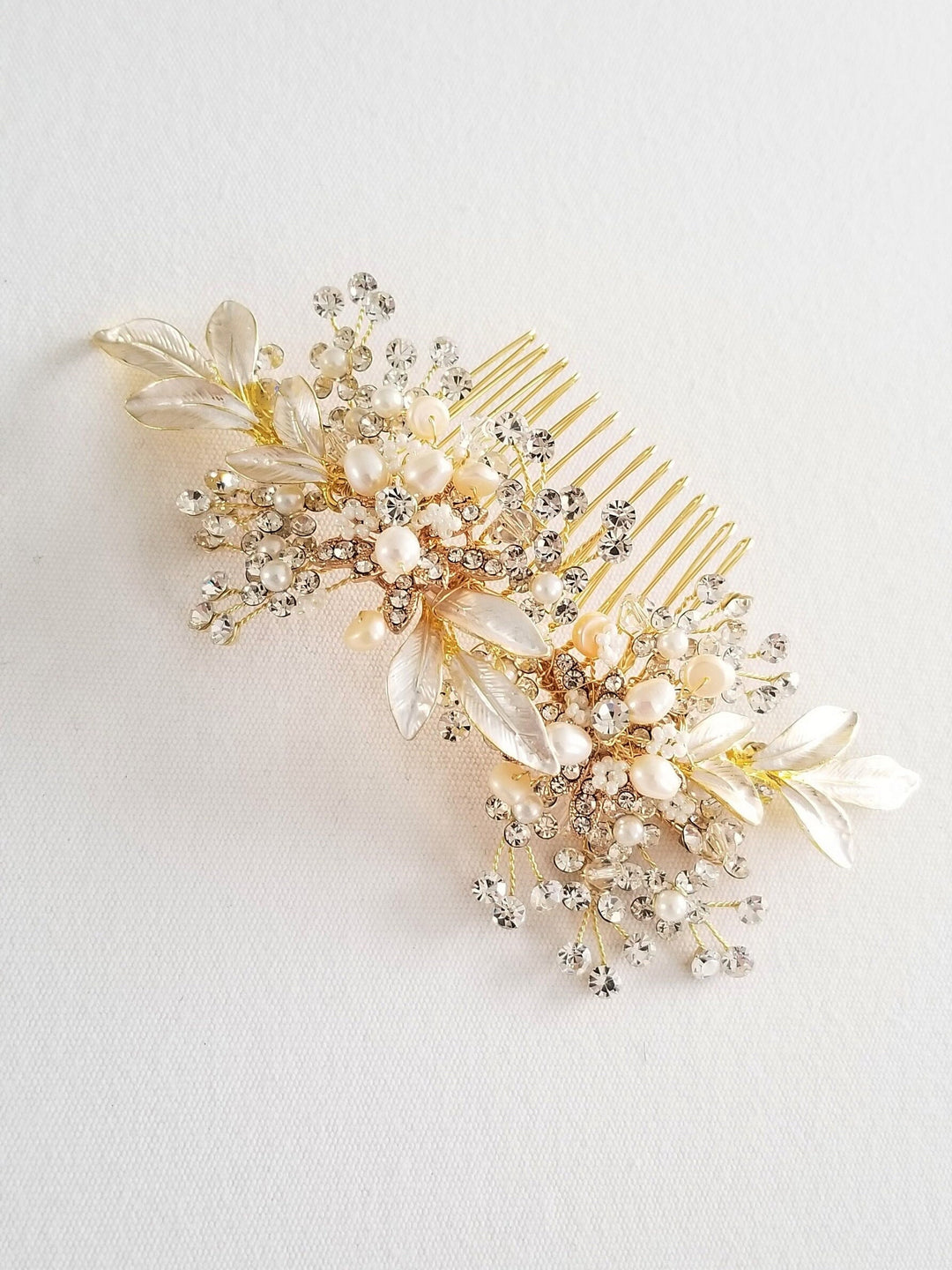 Gold Bridal Hair Comb with Crystals and Pearls, Silver Floral Wedding Hair Comb, Freshwater Pearl Crystal Hair Comb - metal comb, wire, clear crystals, freshwater pearls, seed beads, metal leaves