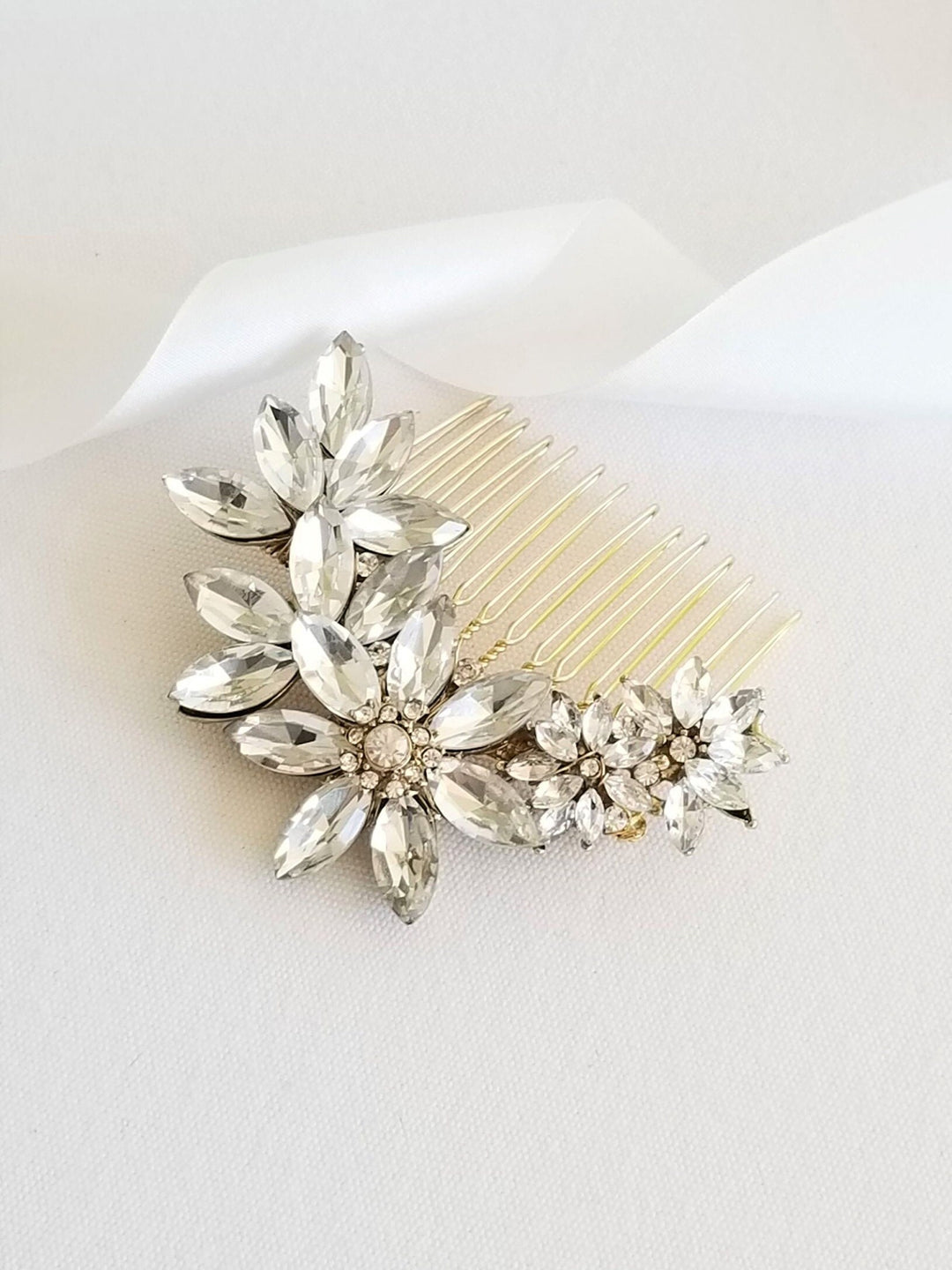 Crystal Bridal Hair Comb, Gold Bridal Hair Comb, Floral Crystal Wedding Hair Comb, Side Hair Comb For Bride - crystals, alloy jewelry component, wire, 18 kt gold plated comb