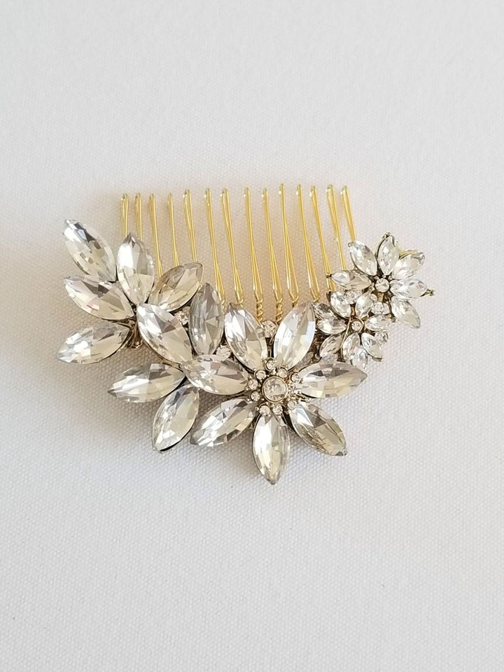 Crystal Bridal Hair Comb, Gold Bridal Hair Comb, Floral Crystal Wedding Hair Comb, Side Hair Comb For Bride - crystals, alloy jewelry component, wire, 18 kt gold plated comb