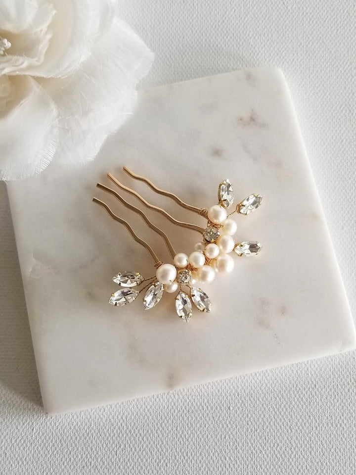 Freshwater Pearl Wedding Hair Comb, Small Pearl Crystal Bridal Hair Comb, Pearl Hair Comb for Bride - freshwater pearls, crystal rhinestones, wire, metal comb