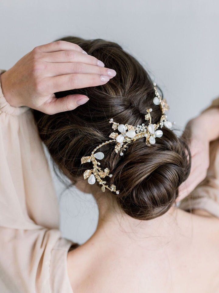 Gold Bridal Headpiece with Mother of Pearl, Wedding Vine Hair Clip, Bridal Crystal Headpiece, Gold Wedding Hair Vine, Gold Twig Headpiece - crystal rhinestones, gold metal settings, alligator clip, wire, freshwater pearls, mother of pearl beads