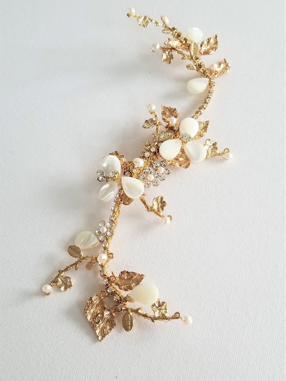 Gold Bridal Headpiece with Mother of Pearl, Wedding Vine Hair Clip, Bridal Crystal Headpiece, Gold Wedding Hair Vine, Gold Twig Headpiece - crystal rhinestones, gold metal settings, alligator clip, wire, freshwater pearls, mother of pearl beads