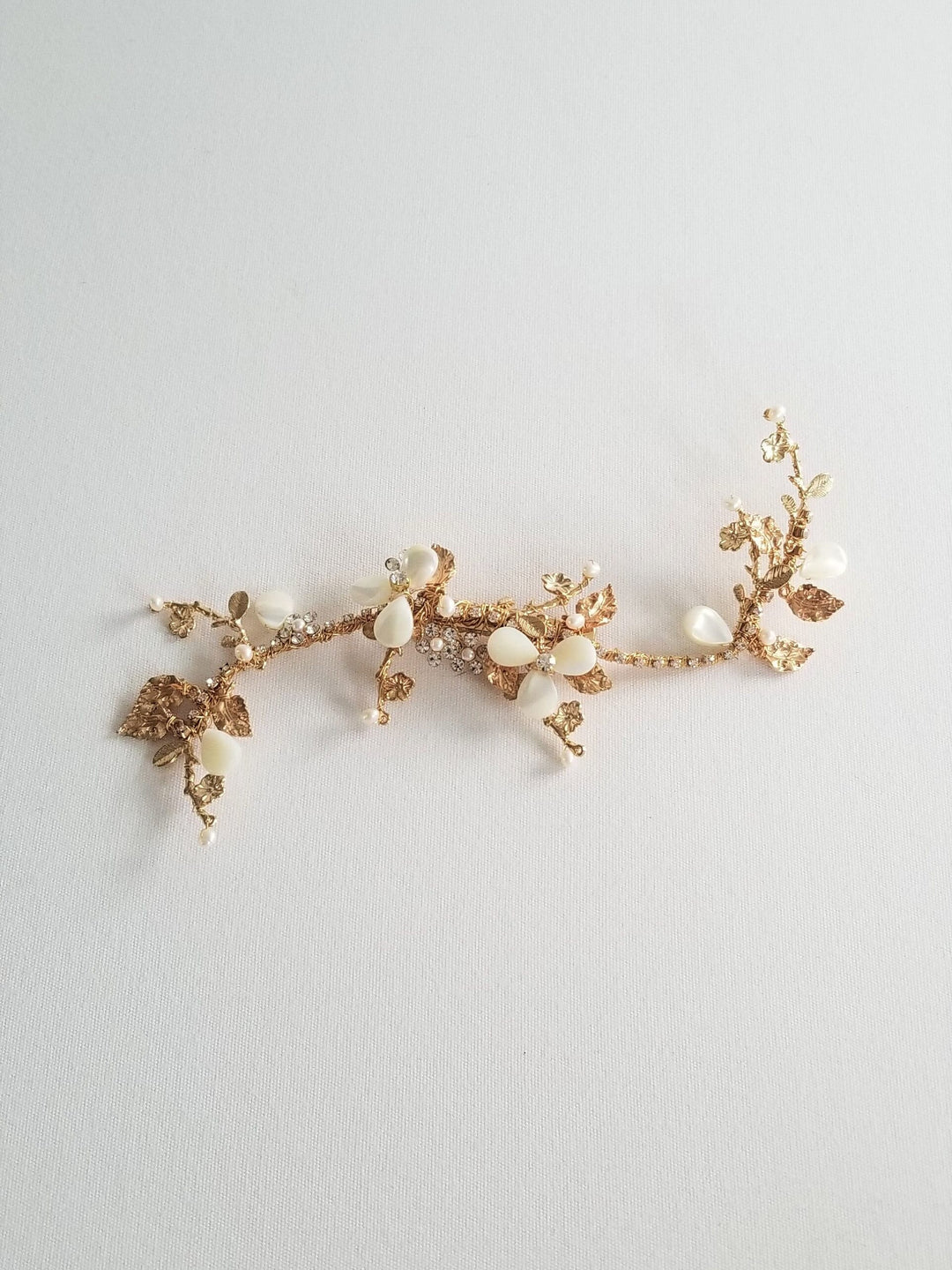 Gold Bridal Headpiece with Mother of Pearl, Wedding Vine Hair Clip, Bridal Crystal Headpiece, Gold Wedding Hair Vine, Gold Twig Headpiece - crystal rhinestones, gold metal settings, alligator clip, wire, freshwater pearls, mother of pearl beads