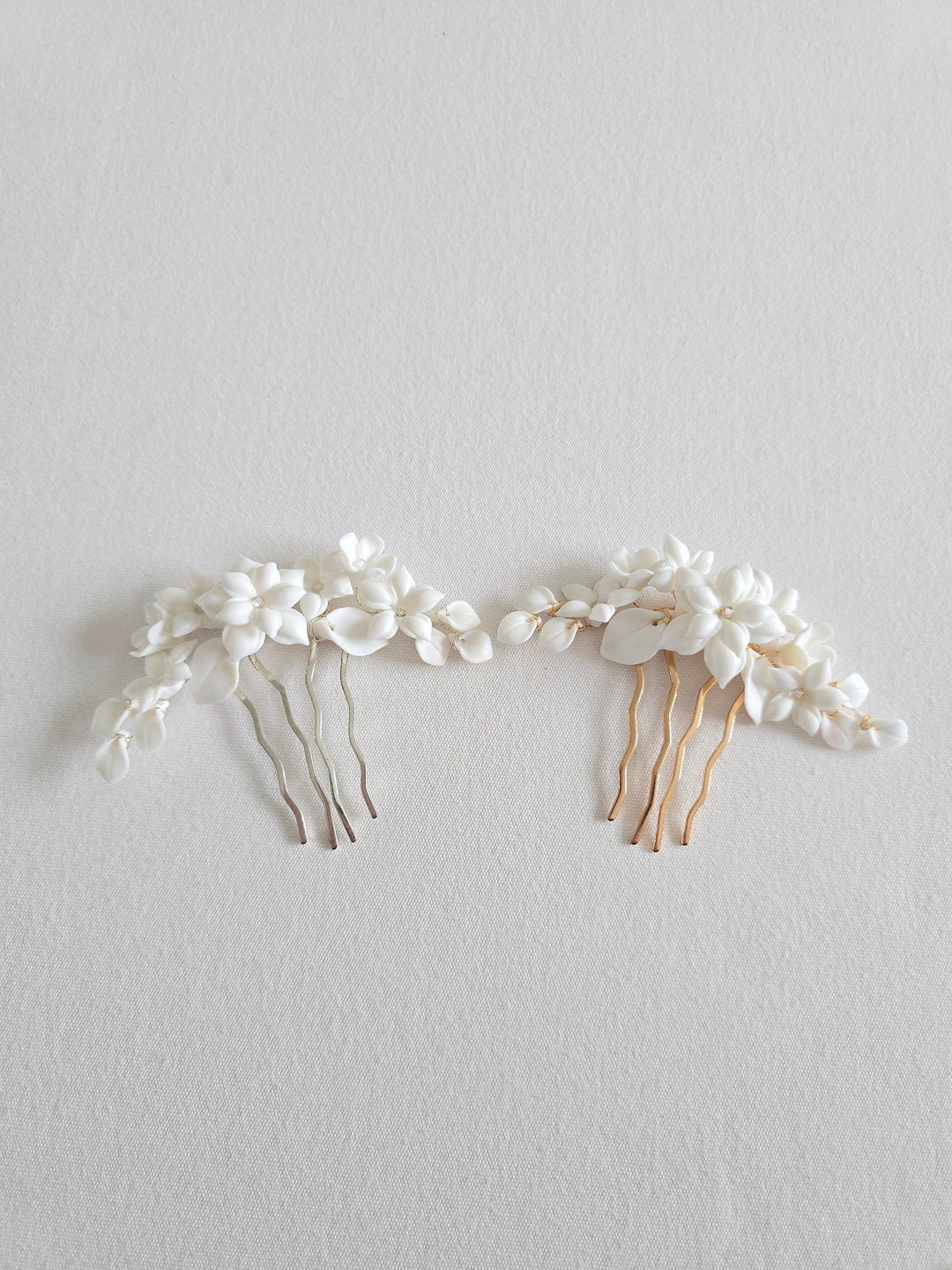 Gold Wedding Comb With Porcelain Flowers, Gold Floral Wedding Hair Comb, Clay Flower Bridal Hair Comb - wire, metal comb, porcelain flowers, faux pearls