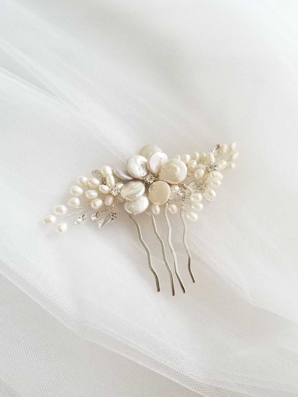 Freshwater Pearl Wedding Hair Comb, Pearl Crystal Bridal Hair Comb, Real Pearl Hair Comb for Bride - freshwater pearls, crystal rhinestones, wire, metal comb, metal leaves