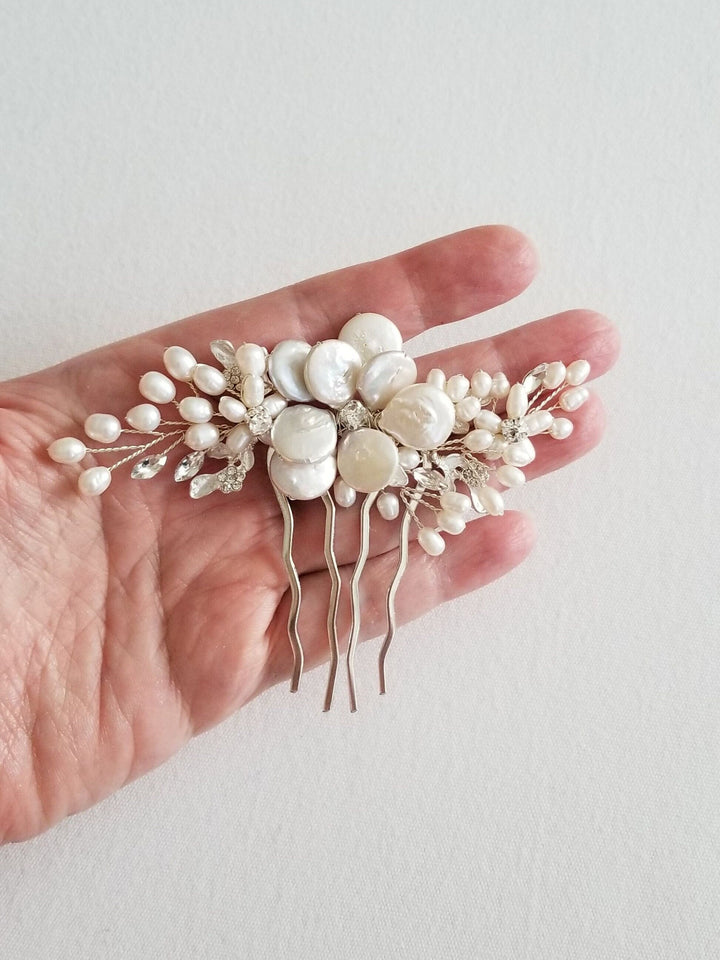 Freshwater Pearl Wedding Hair Comb, Pearl Crystal Bridal Hair Comb, Real Pearl Hair Comb for Bride - freshwater pearls, crystal rhinestones, wire, metal comb, metal leaves