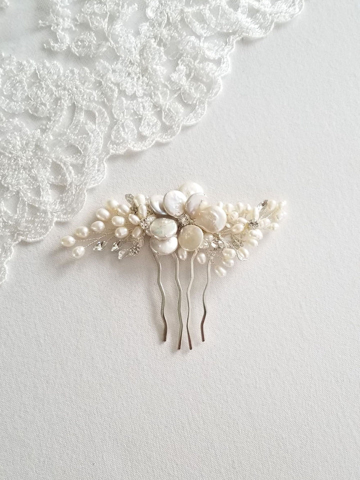 Freshwater Pearl Wedding Hair Comb, Pearl Crystal Bridal Hair Comb, Real Pearl Hair Comb for Bride - freshwater pearls, crystal rhinestones, wire, metal comb, metal leaves