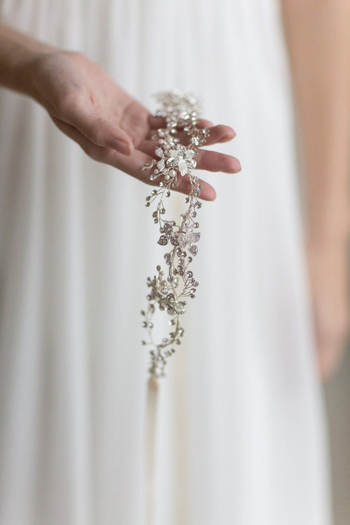 Pearl Crystal Wedding Hair Vine, Floral Bridal Headpiece, Bridal Hairpiece, Beaded Wedding Headband, Wedding Hairpiece - wire, crystal rhinestones, double sided ribbon, faux pearls, crystals