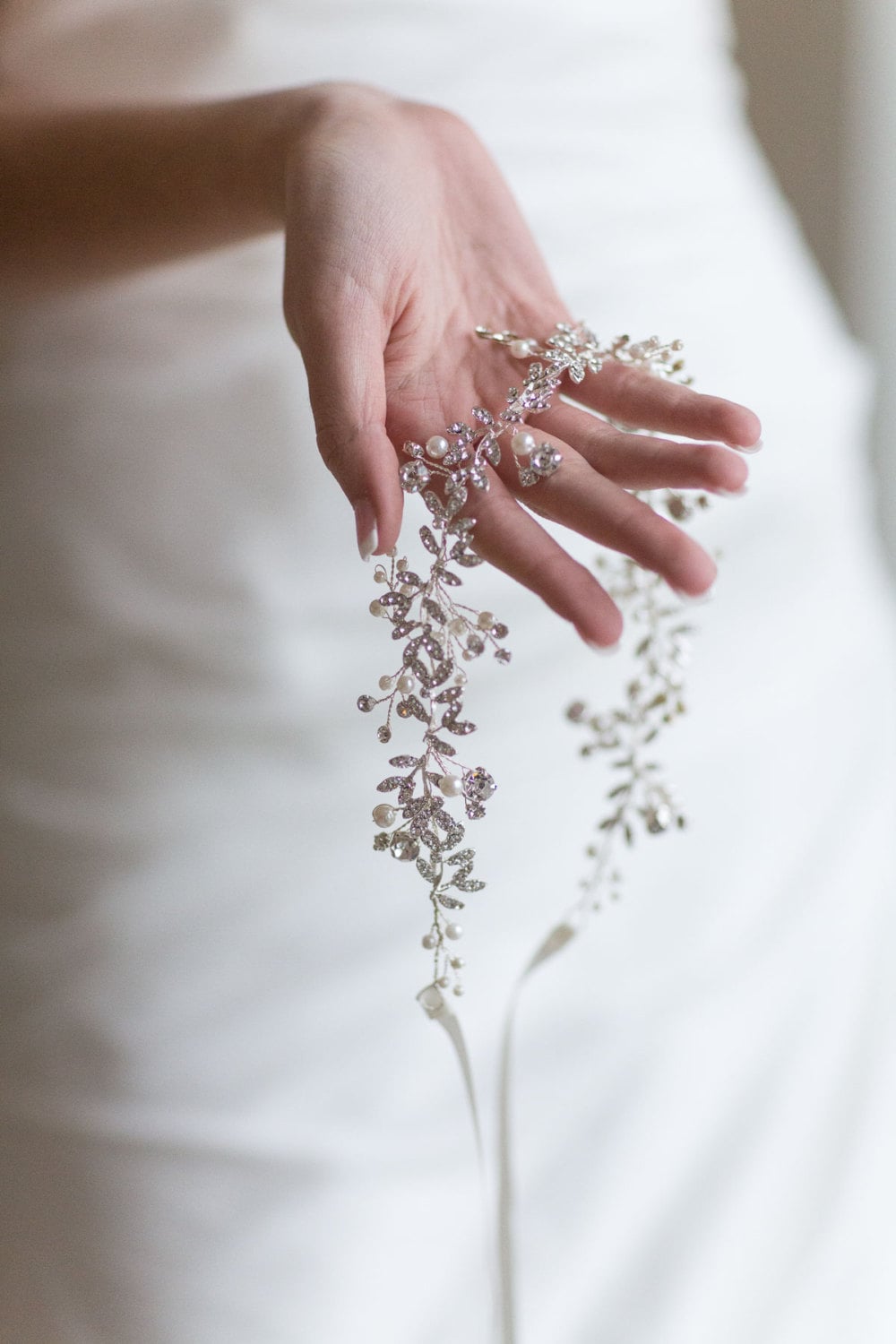 Wedding Hair Vine, Pearl Crystal Hair Vine, Crystal Bridal Headpiece, Bridal Headband, Wedding Ribbon Headband - wire, crystal rhinestones, double sided ribbon, faux pearls, crystals