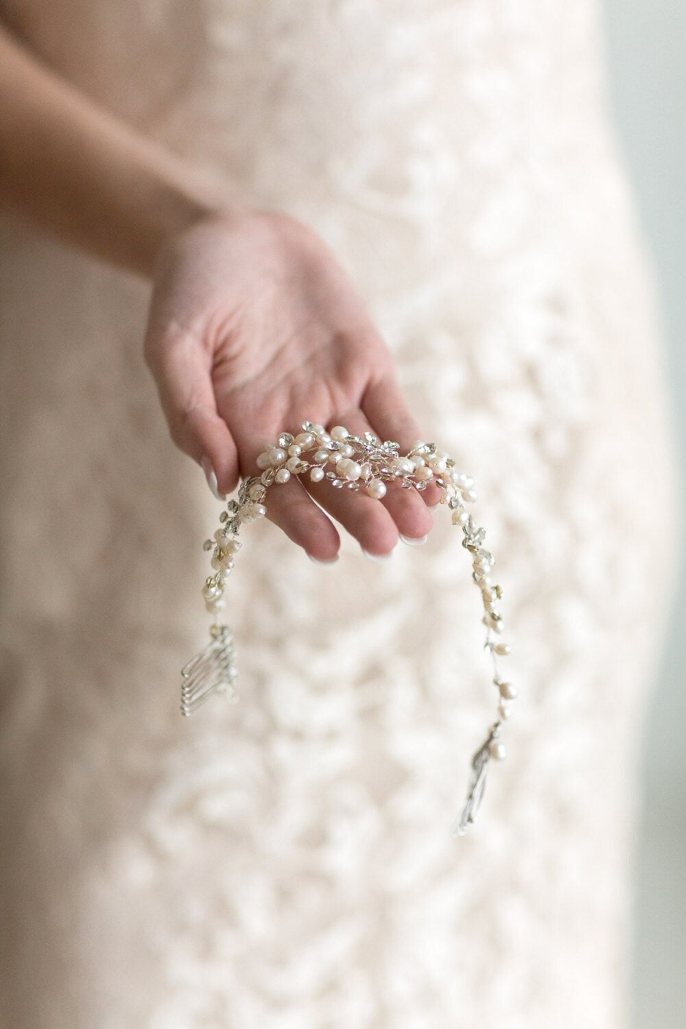 Freshwater Pearl Wedding Hair Vine, Silver Bridal Headpiece with Real Pearls, Pearl Wedding Swag Hairpiece, Bridal Hair Accessory - wire, crystal rhinestones, freshwater pearls, metal flowers