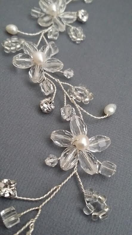 Wedding Lace Headpiece, Pearl Beaded Lace Vine, Wedding Headpiece, Floral Wedding Hair Accessory - beaded lace, silver wire, crystals, silk petals, rhinestones, freshwater pearls, faux pearls