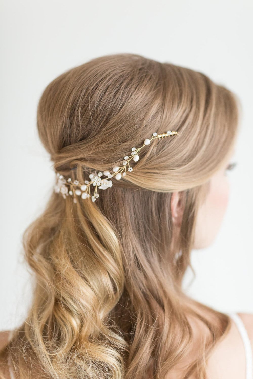 Wedding Hair Vine , Bridal Headpiece, Bridal Pearl Hair Swag, Gold Crystal Hair Vine, Silver Crystal Hair Vine, Wedding Hairpiece - wire, crystal rhinestones, freshwater pearls, metal leaves, wire combs, seed beads