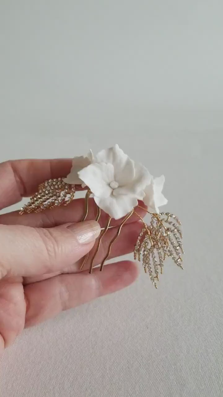 Gold Wedding Hair Comb Polymer Flowers, Gold Floral Wedding Hair Comb