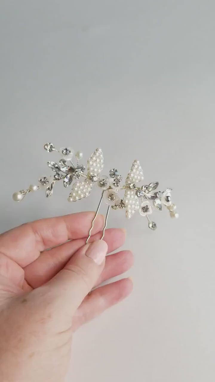 Crystal Pearl Bridal Hair Pin, Silver Pearl Hair Pin for Bride