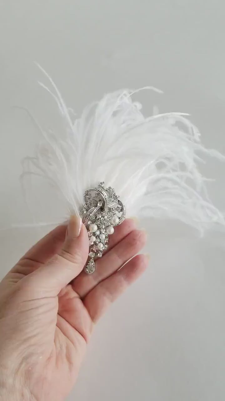 White Feather Headpiece For Bride, Feather Pearl Crystal Wedding Hair Accessory